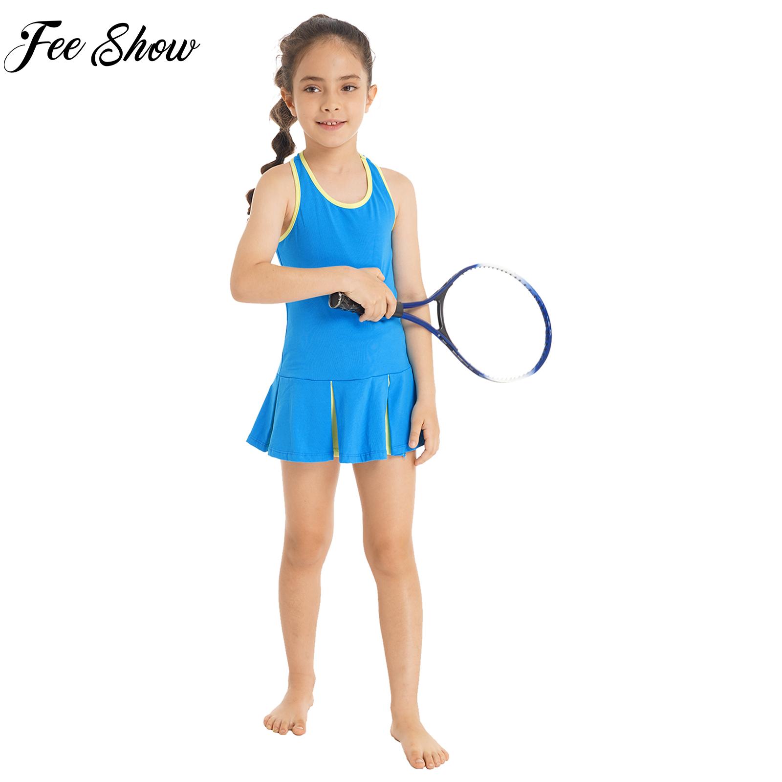 Badminton Rules - 子供用ノースリーブオープンアッパーバックスポーツセット、テニスとバドミントンスポーツウェア、ジムエクササイズ用ショートドレス、女の子用ランニングドレス、2個