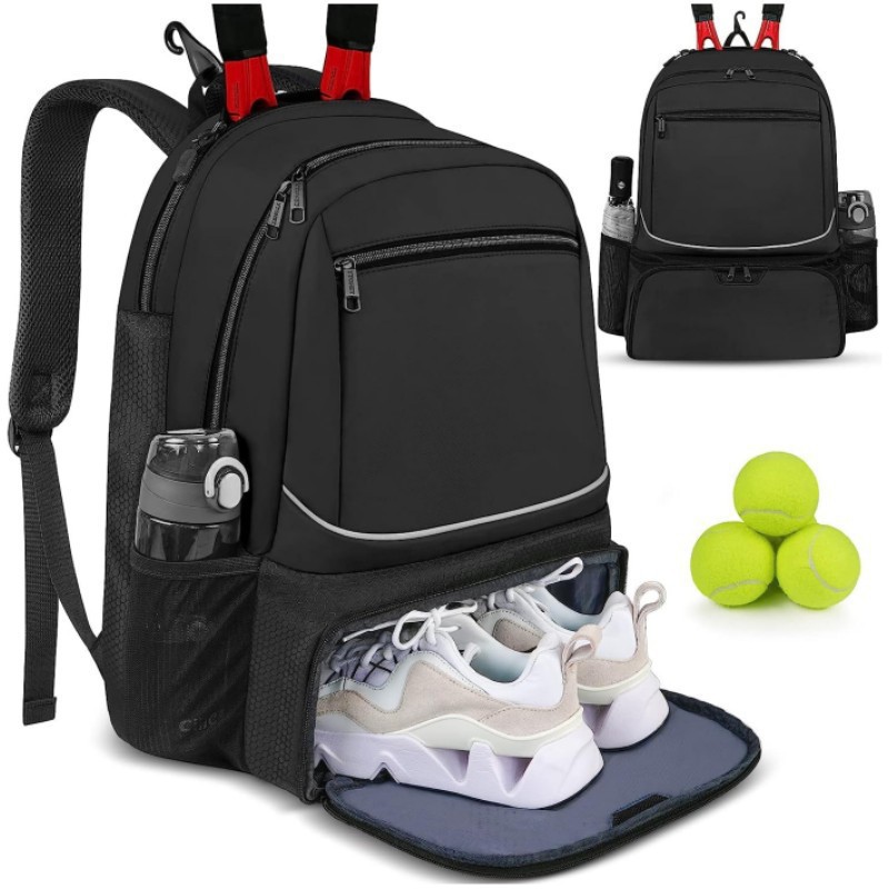 Badminton Rules - 大容量テニスバックパックスポーツラケットパックは1〜2本のテニスラケットを収納可能アウトドアバドミントンバッグシューズポケット付きブラックピンク