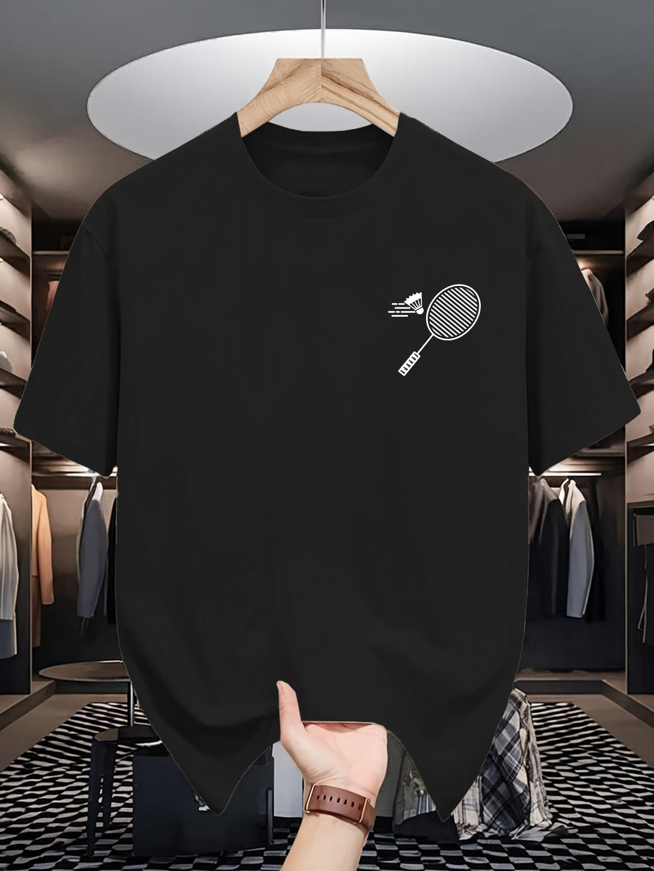 Badminton Emoji - メンズクルーネックTシャツミニマルチェストバドミントンラケットシャトルコックグラフィック半袖カジュアルコットンスポーツ趣味愛好家デイリーティーシャツ